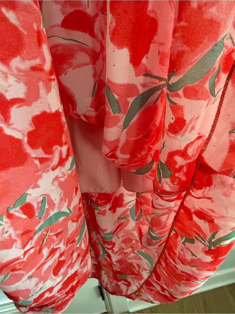 Floral V-Neck Red Maxi Dress w/ Missing Button - Picture 4 of 13